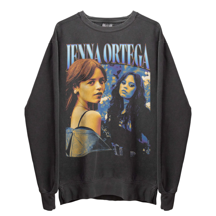 Dark gray long-sleeve sweatshirt with a ’Jenna Ortega’ graphic print.