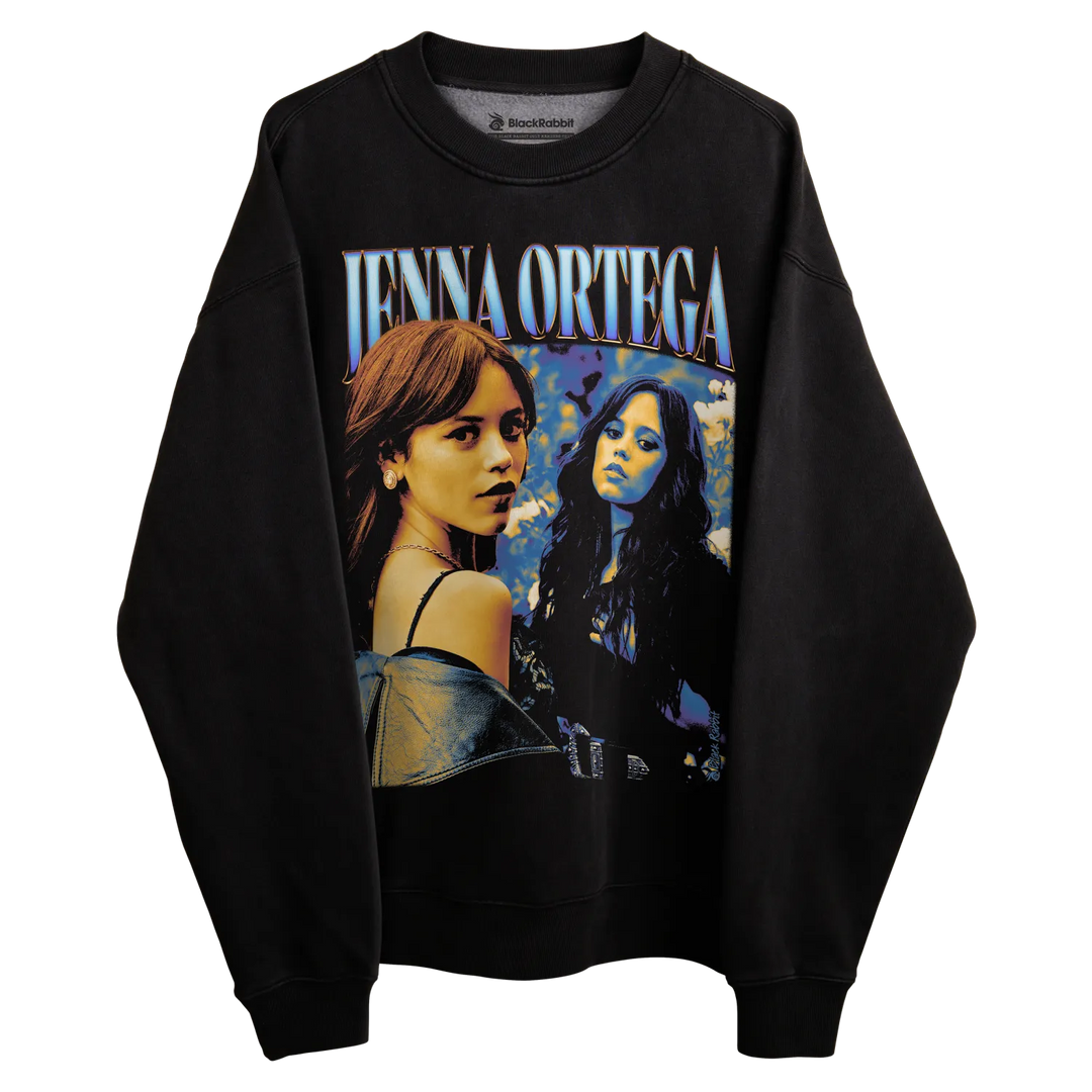 Black sweatshirt with jenna ortega graphic design, featuring two characters from a movie. 
