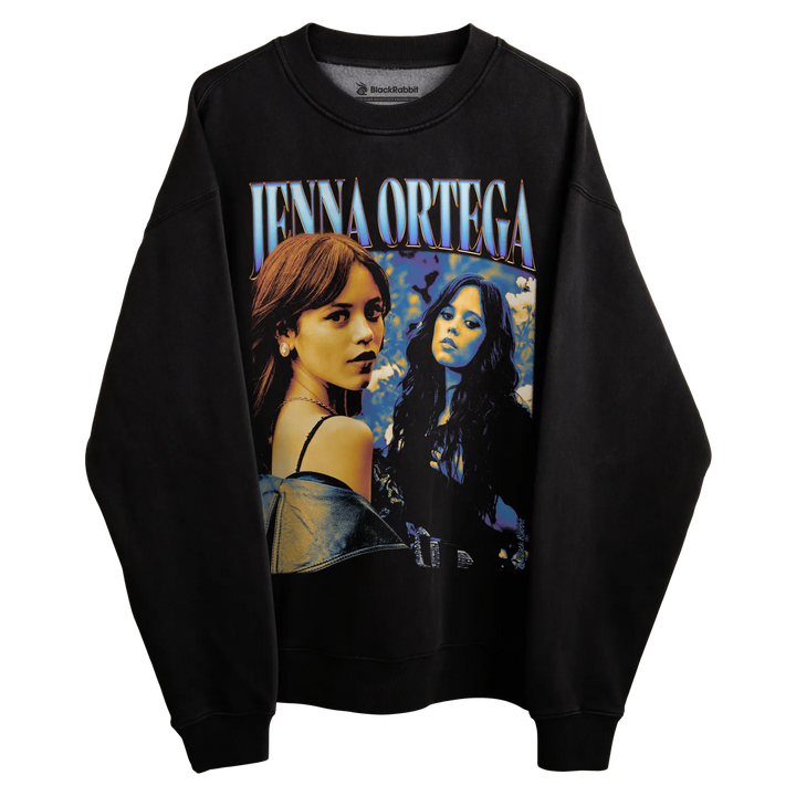 Black sweatshirt with jenna ortega graphic design, featuring two characters from a movie. 