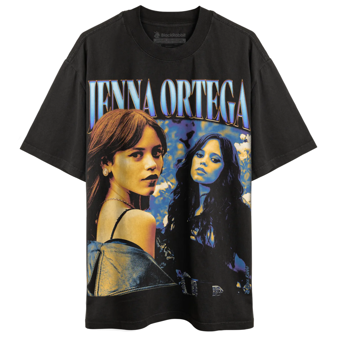Black short-sleeved t-shirt with a graphic print of Jenna Ortega.