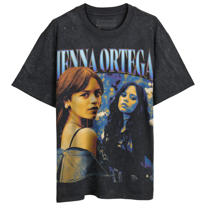 Black acid wash T-shirt with a vintage-style graphic of Jenna Ortega.
