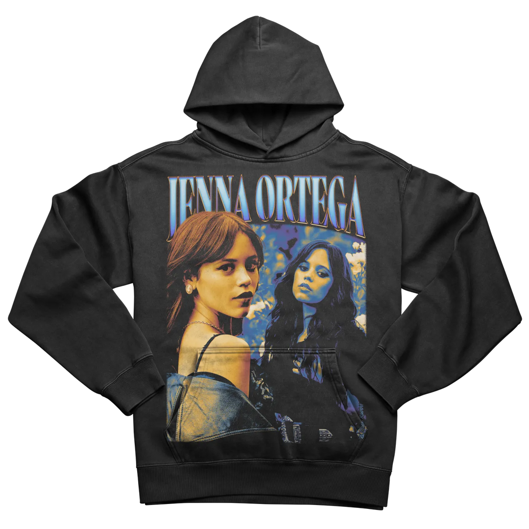 Black hooded sweatshirt featuring two images of Jenna Ortega.