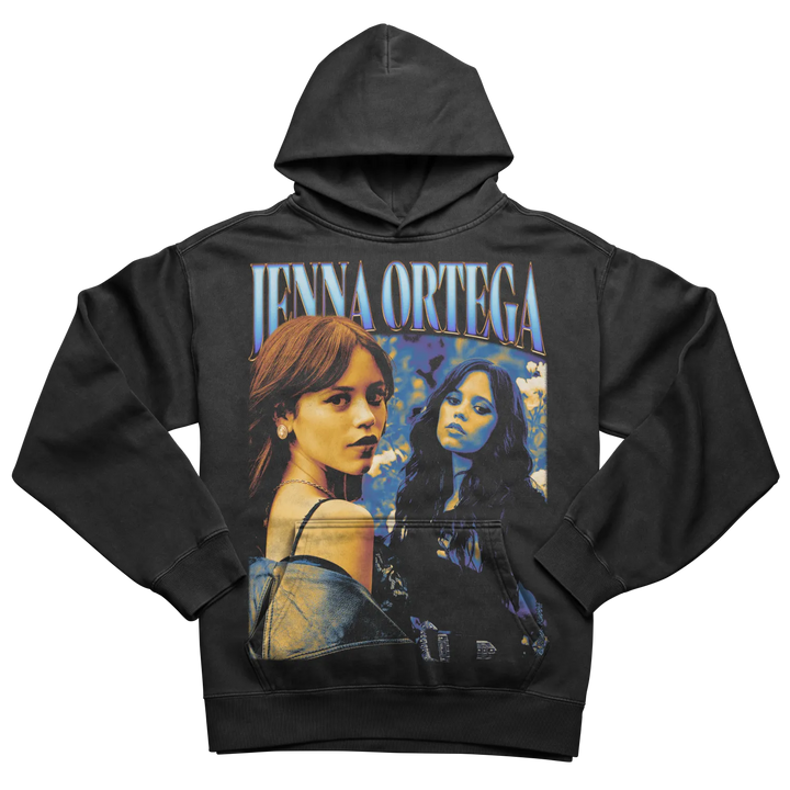 Black hooded sweatshirt featuring two images of Jenna Ortega.