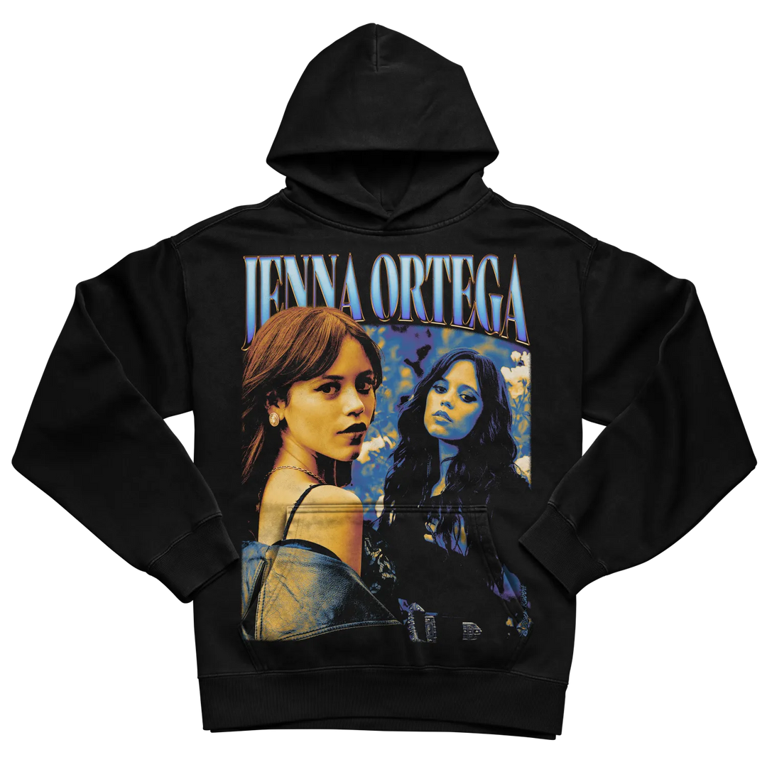 Black hoodie with graphic design of two women and name ’jenna ortega’ in white. 