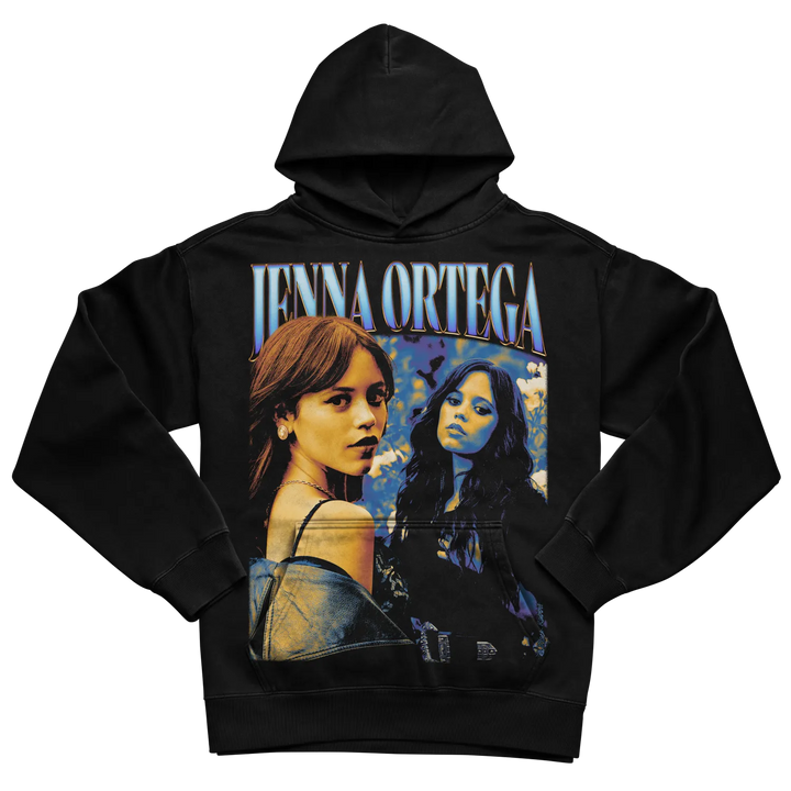 Black hoodie with graphic design of two women and name ’jenna ortega’ in white. 
