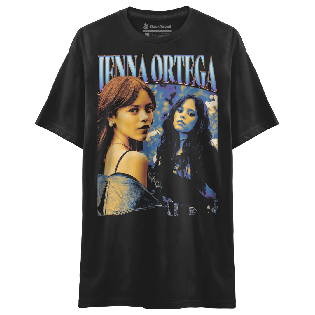 Black t-shirt featuring a graphic of Jenna Ortega.