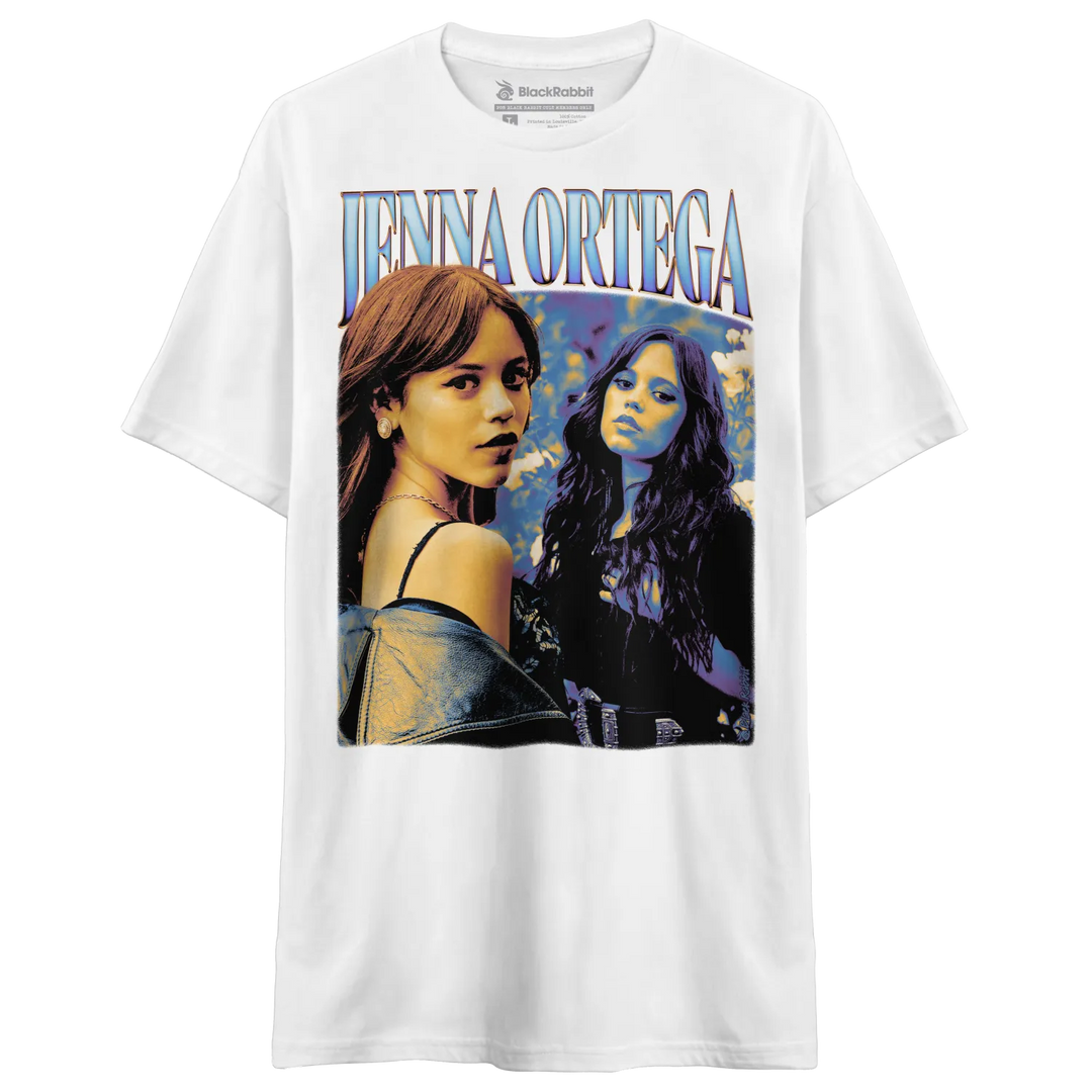 White t-shirt with a graphic print of Jenna Ortega.