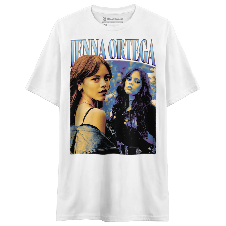 White t-shirt with a graphic print of Jenna Ortega.