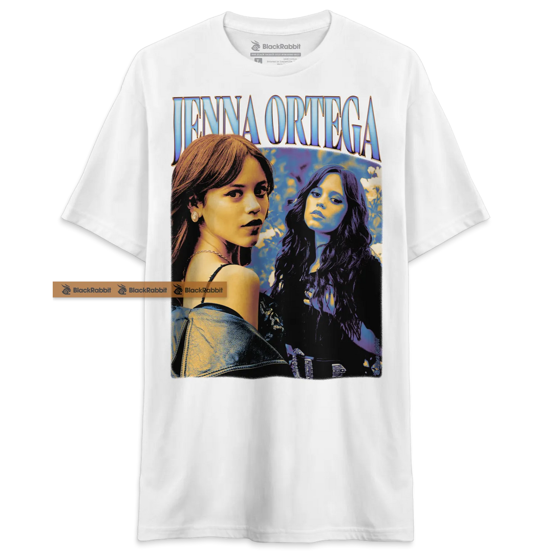 White t-shirt with Jenna Ortega graphic.