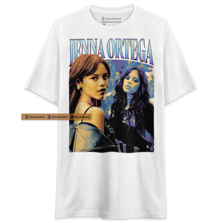 White t-shirt with Jenna Ortega graphic.