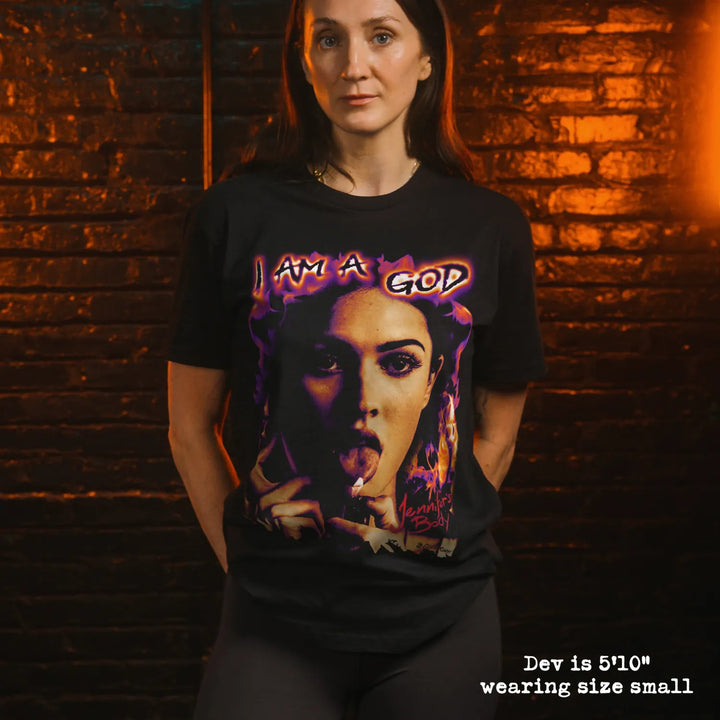 model wear soft premium tee with jennifers body graphic
