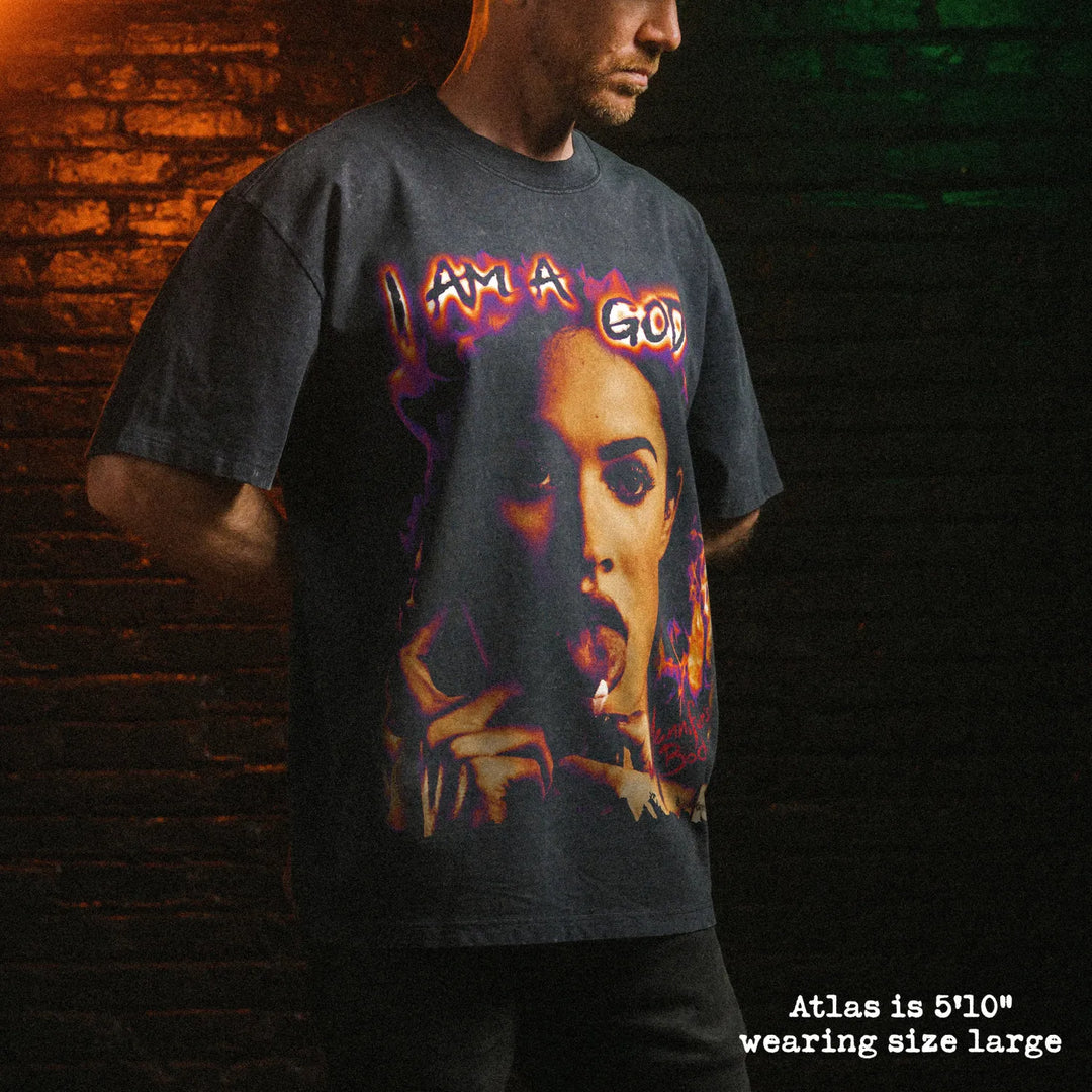 Male model wearing stone wash heavy tee with jennifer&
