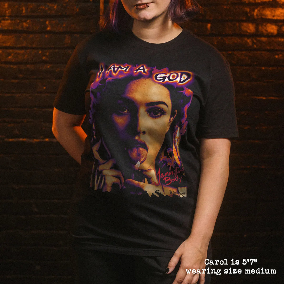 model wear soft premium tee with jennifers body graphic
