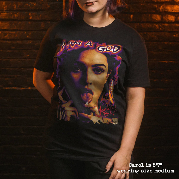 model wear soft premium tee with jennifers body graphic
