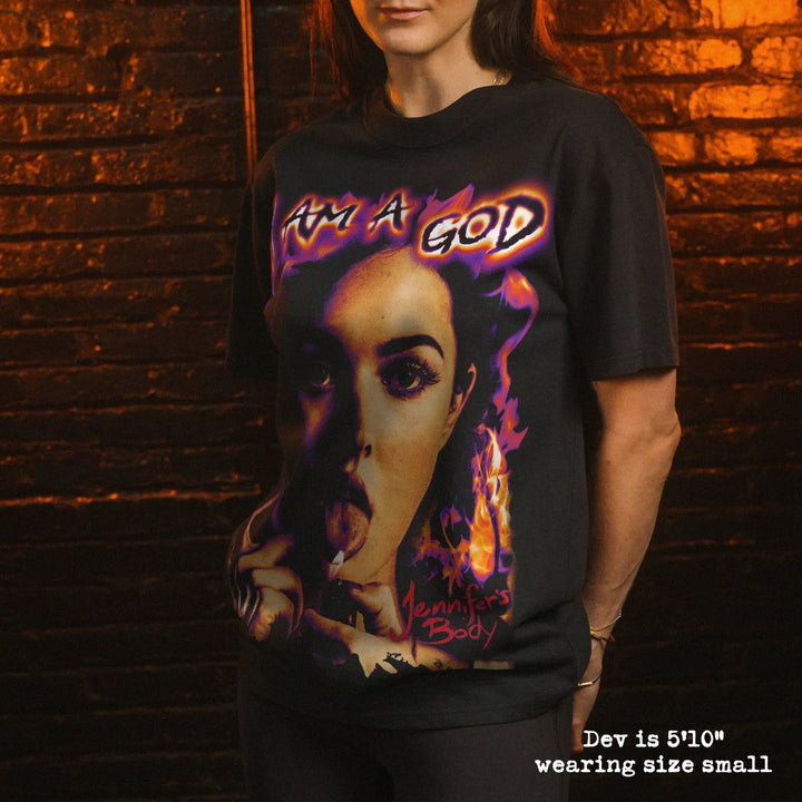 Model wearing heavy tee with jennifers body graphic 