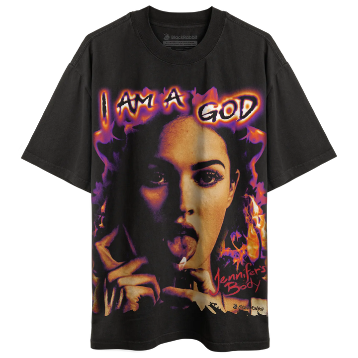 Black short-sleeved t-shirt with a graphic print of a woman’s face and text.