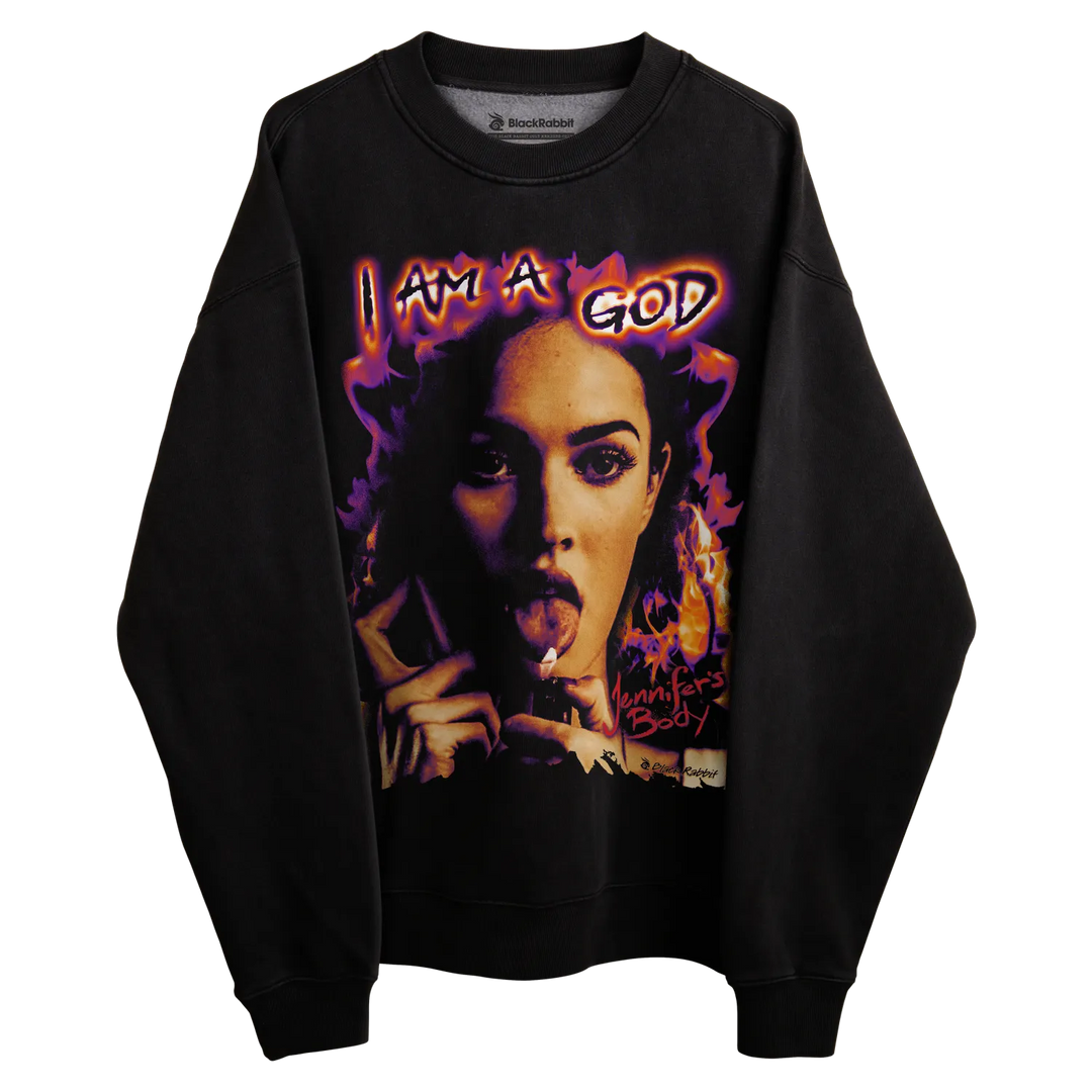Black sweatshirt with graphic design of woman smoking and text ’i am a god’ in purple flame effect 