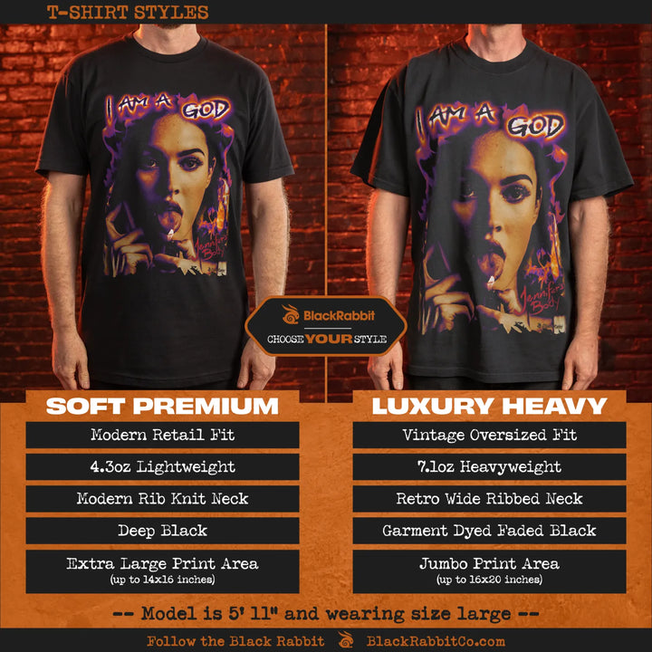 Two black t-shirts, one a modern retail fit and the other a vintage oversized fit, both featuring a graphic print of a woman with ’I AM A GOD’ text.