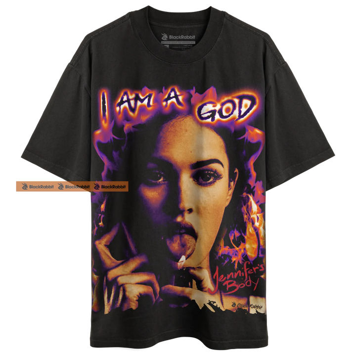 Dark t-shirt with a woman’s image and text.