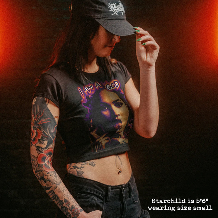Female model wearing cropped baby tee with jennifer&
