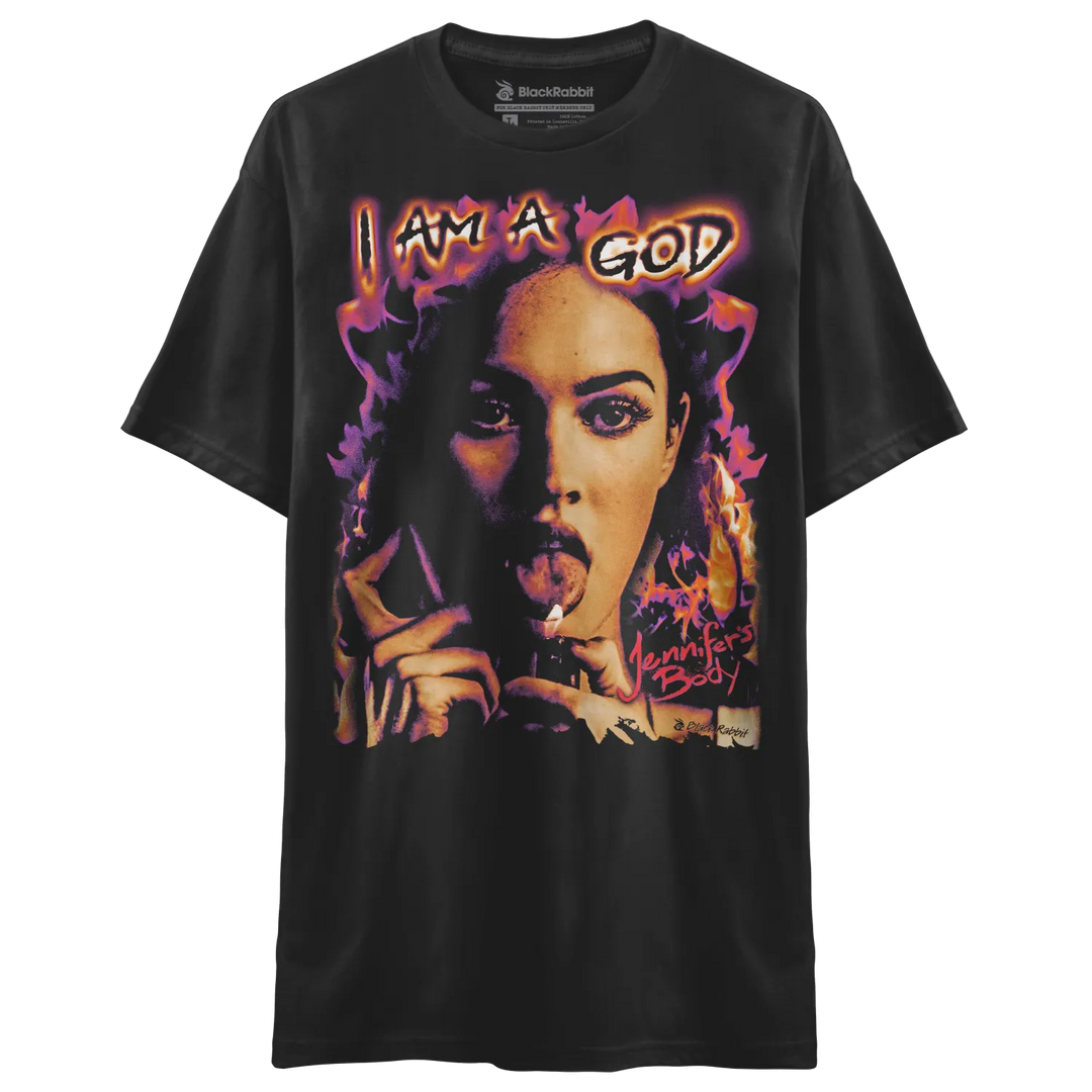 Black graphic t-shirt with a colorful image of a woman.