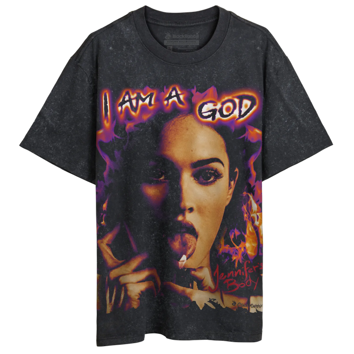 Dark gray, short-sleeved t-shirt with a graphic print of a woman’s face.