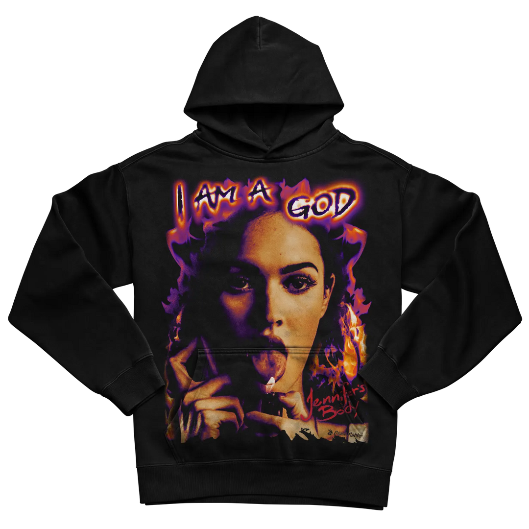Black hoodie with graphic design of two faces and text ’i am a god’ in purple and orange. 