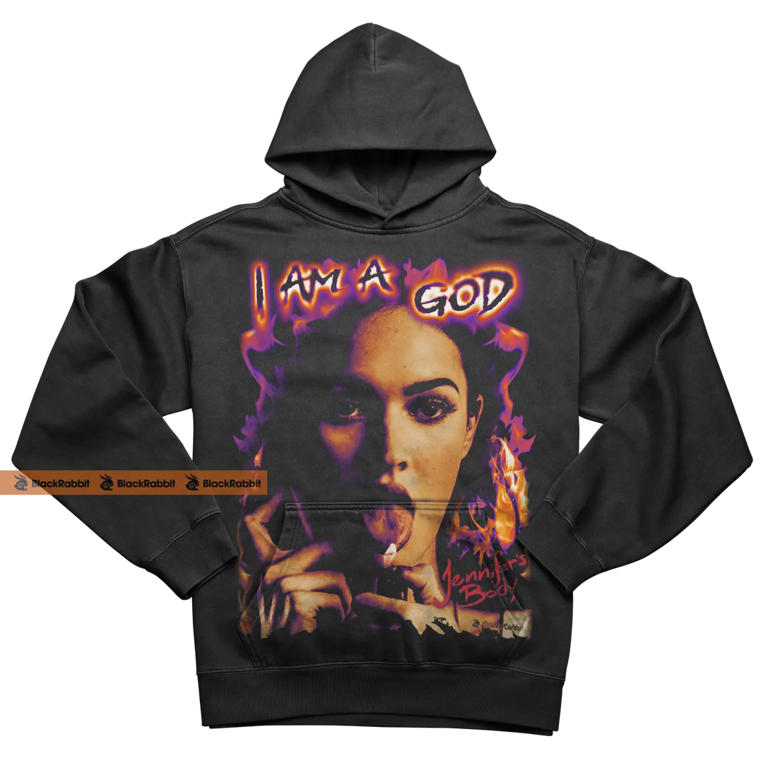 Black hoodie with a graphic print.