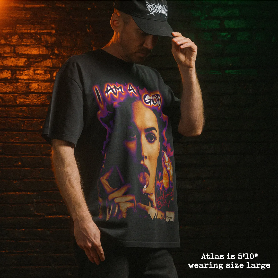 Model wearing heavy tee with jennifers body graphic 