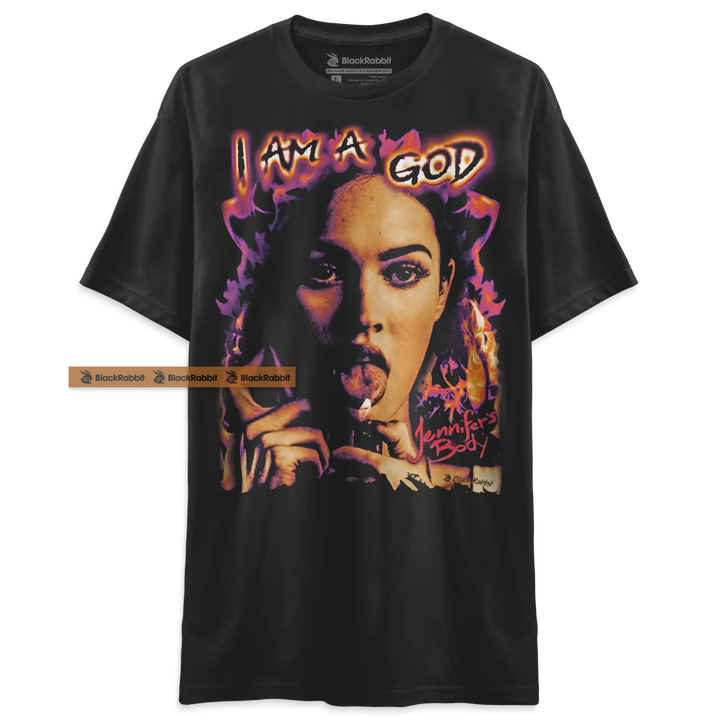 Black t-shirt with a woman’s face and ’I AM A GOD’ text.