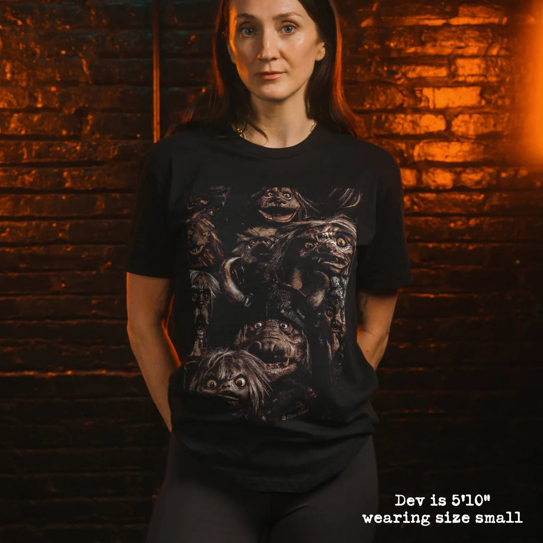model wearing black premium tee with goblins graphic 