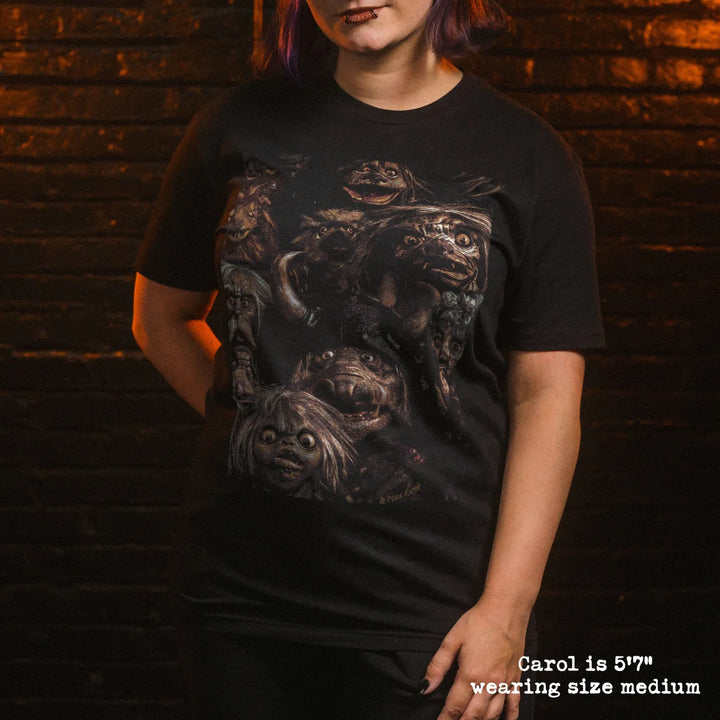model wearing black premium tee with goblins graphic 