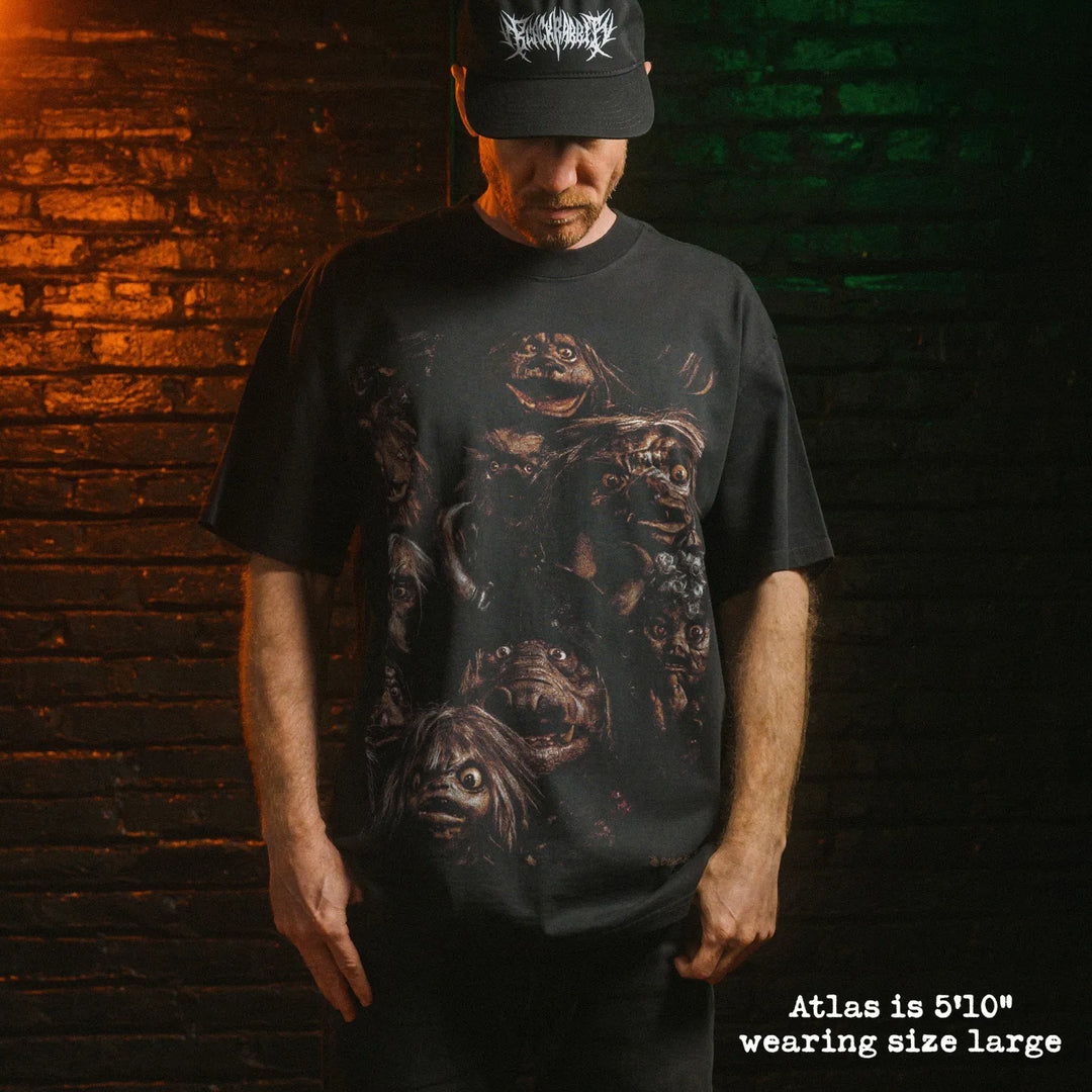Model wearing heavy tee with goblins graphic 
