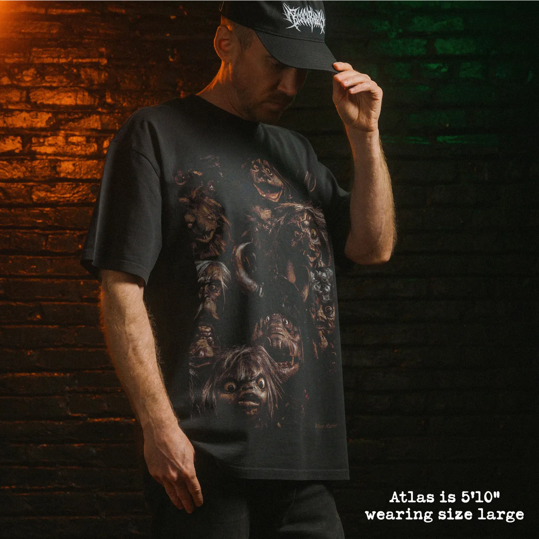 Model wearing heavy tee with labyrinth graphic 