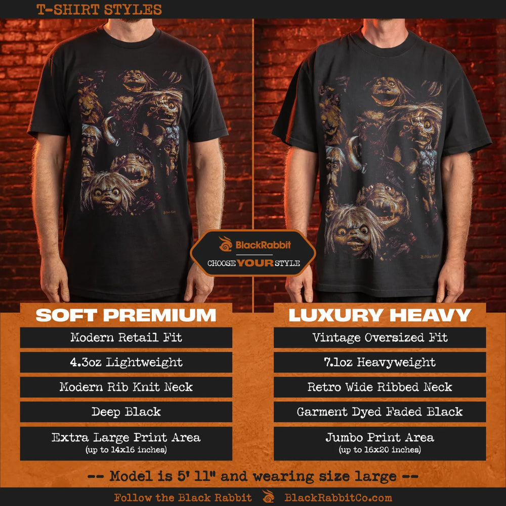 Comparison of two black t-shirt styles featuring a graphic print of various monster faces.