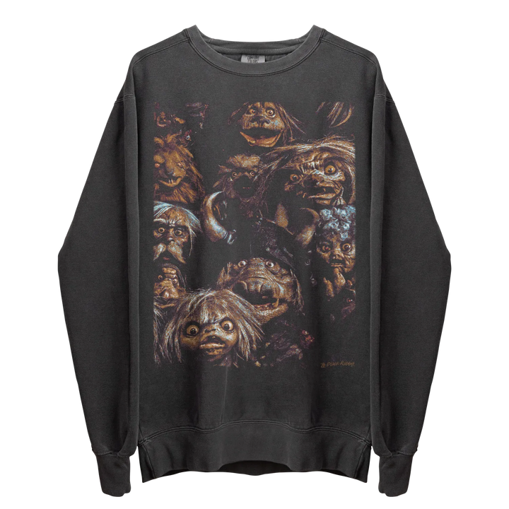 Charcoal gray crewneck sweatshirt with a colorful graphic print of various fantasy creatures.
