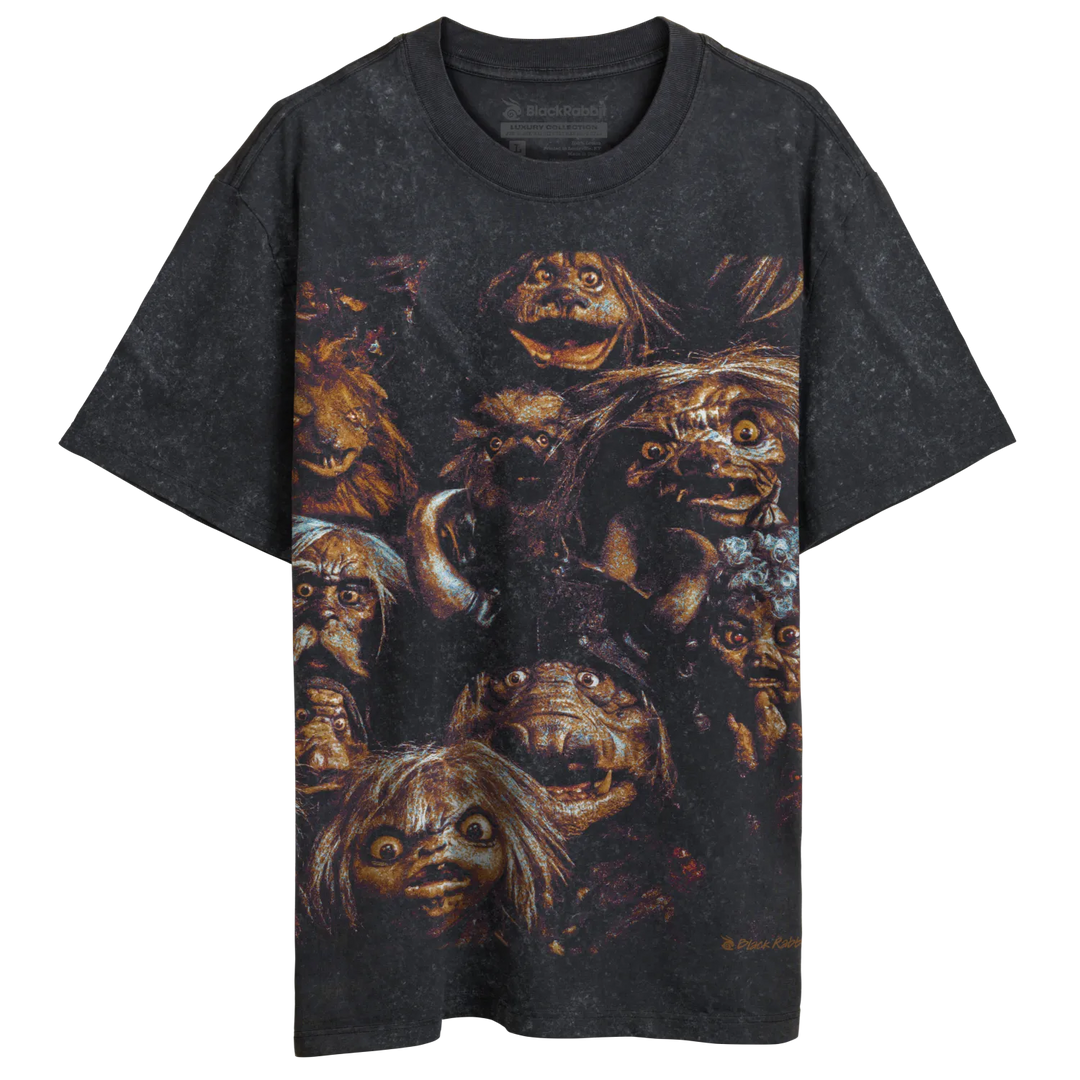 A black graphic t-shirt featuring an array of monstrous, troll-like creatures with varying textures and expressions.