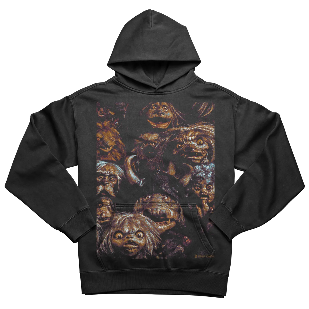 Black hooded sweatshirt with a vibrant graphic print of various fantasy creatures.