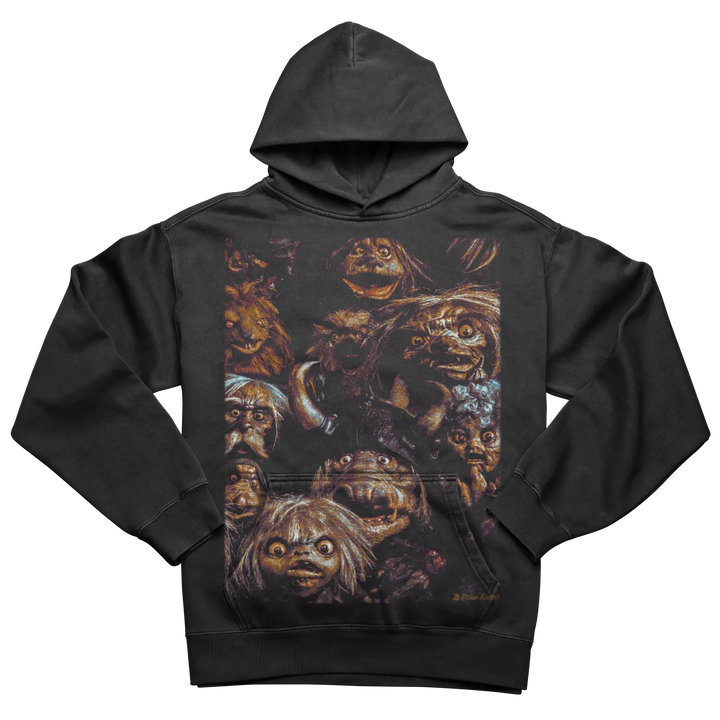 Black hooded sweatshirt with a vibrant graphic print of various fantasy creatures.
