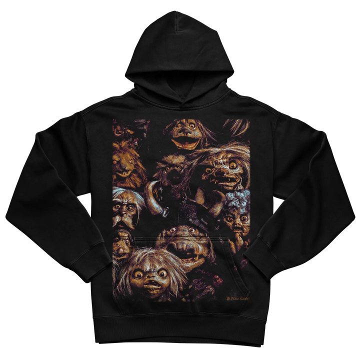 Black hooded sweatshirt with colorful monster faces design, inspired by the labyrinth movie.