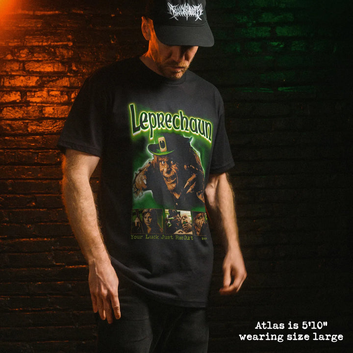 Male model wear soft premium tee with leprechaun graphic
