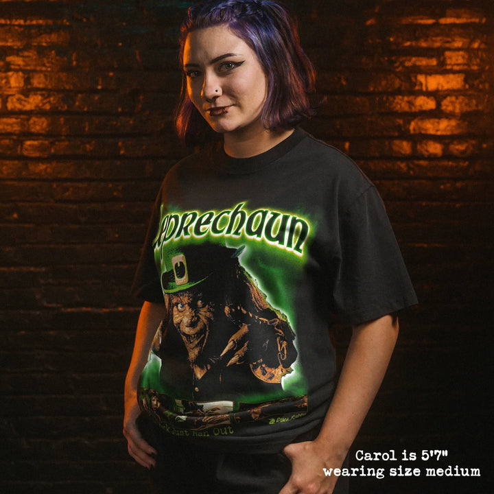 Model wearing heavy tee with leprechaun graphic 