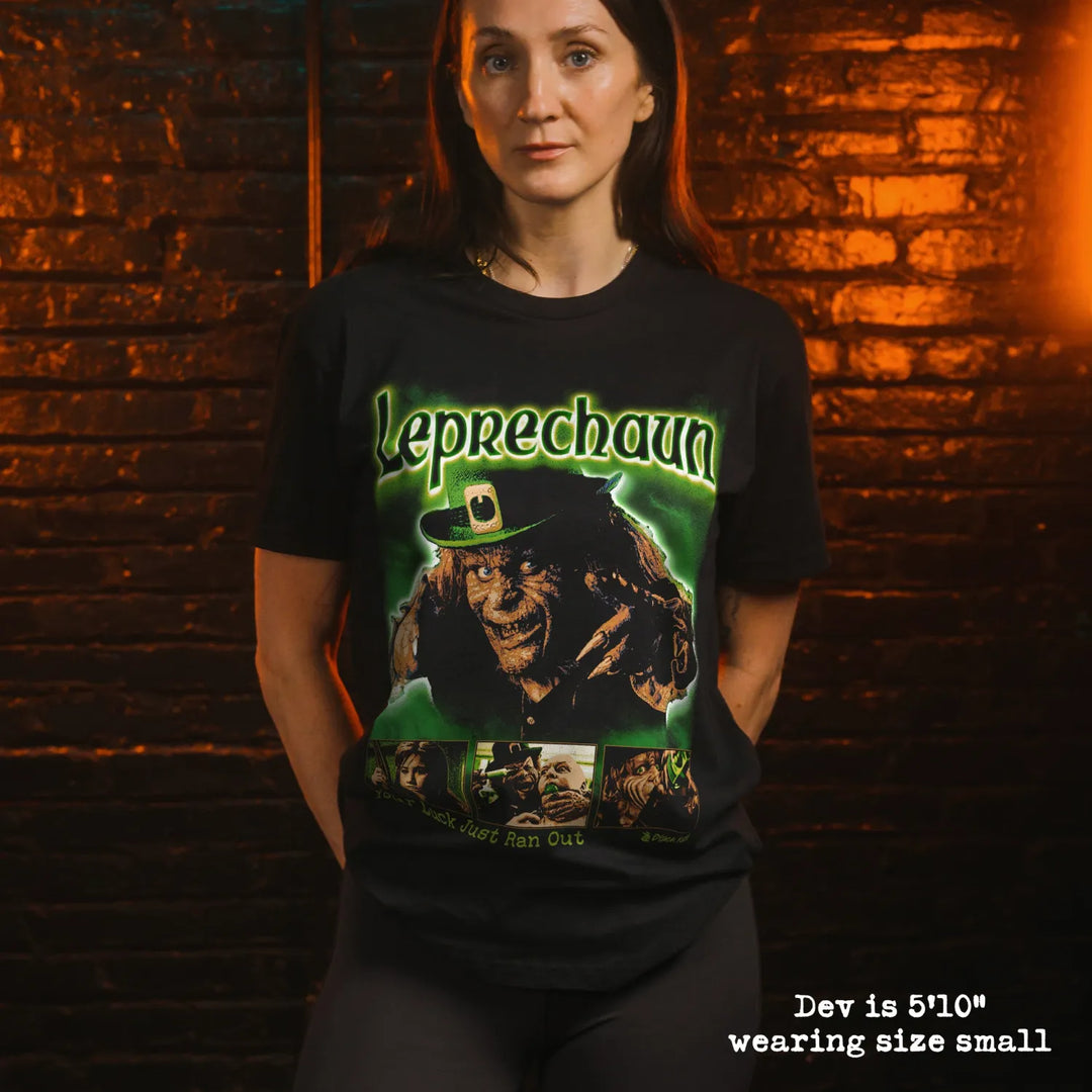 Model wear soft premium tee with leprechaun graphic
