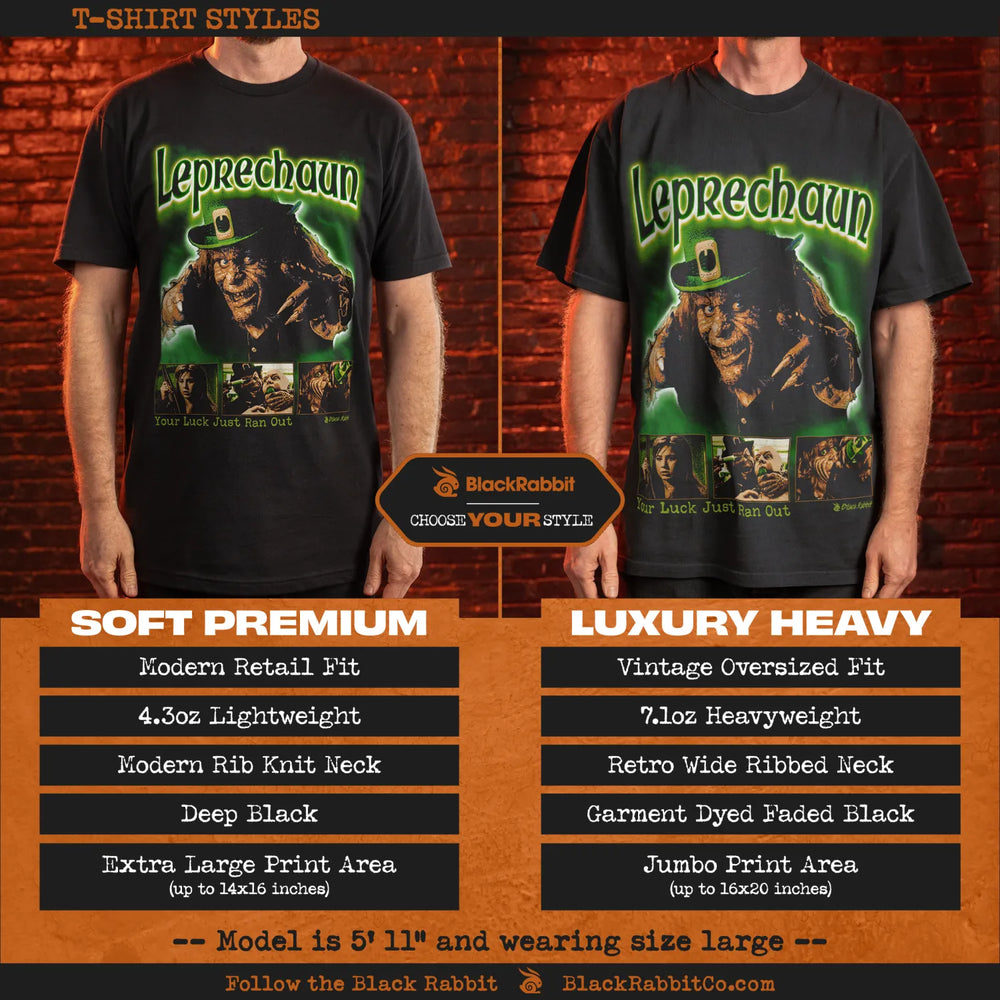 Comparison of two black T-shirts with a ’Leprechaun’ graphic, detailing ’Soft Premium’ and ’Luxury Heavy’ styles.
