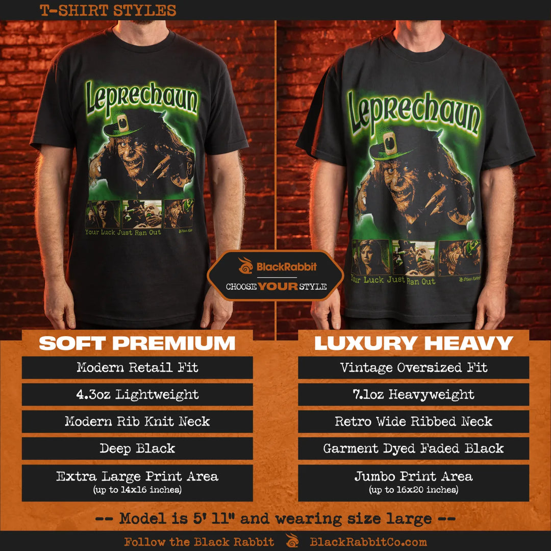 Comparison of two black T-shirts with a ’Leprechaun’ graphic, detailing ’Soft Premium’ and ’Luxury Heavy’ styles. 