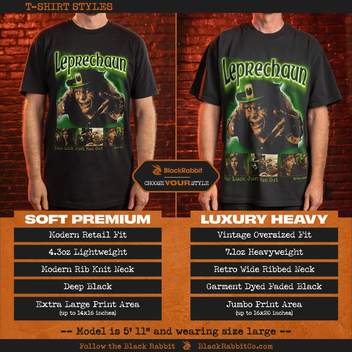 Comparison of two black T-shirts with a ’Leprechaun’ graphic, detailing ’Soft Premium’ and ’Luxury Heavy’ styles. 