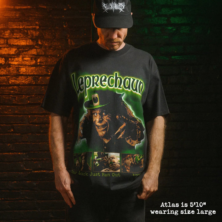 Model wearing heavy tee with leprechaun graphic 