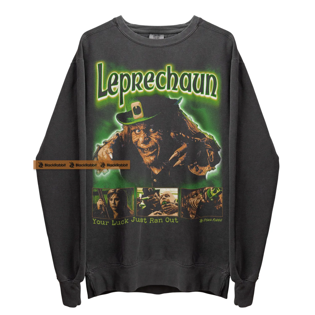 Gray ’Leprechaun’ movie sweatshirt.