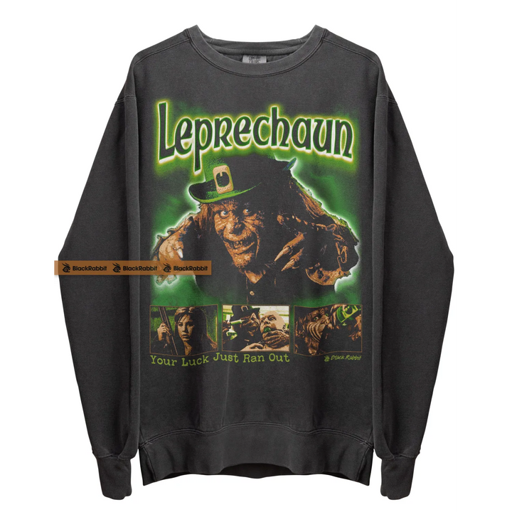 Gray ’Leprechaun’ movie sweatshirt.