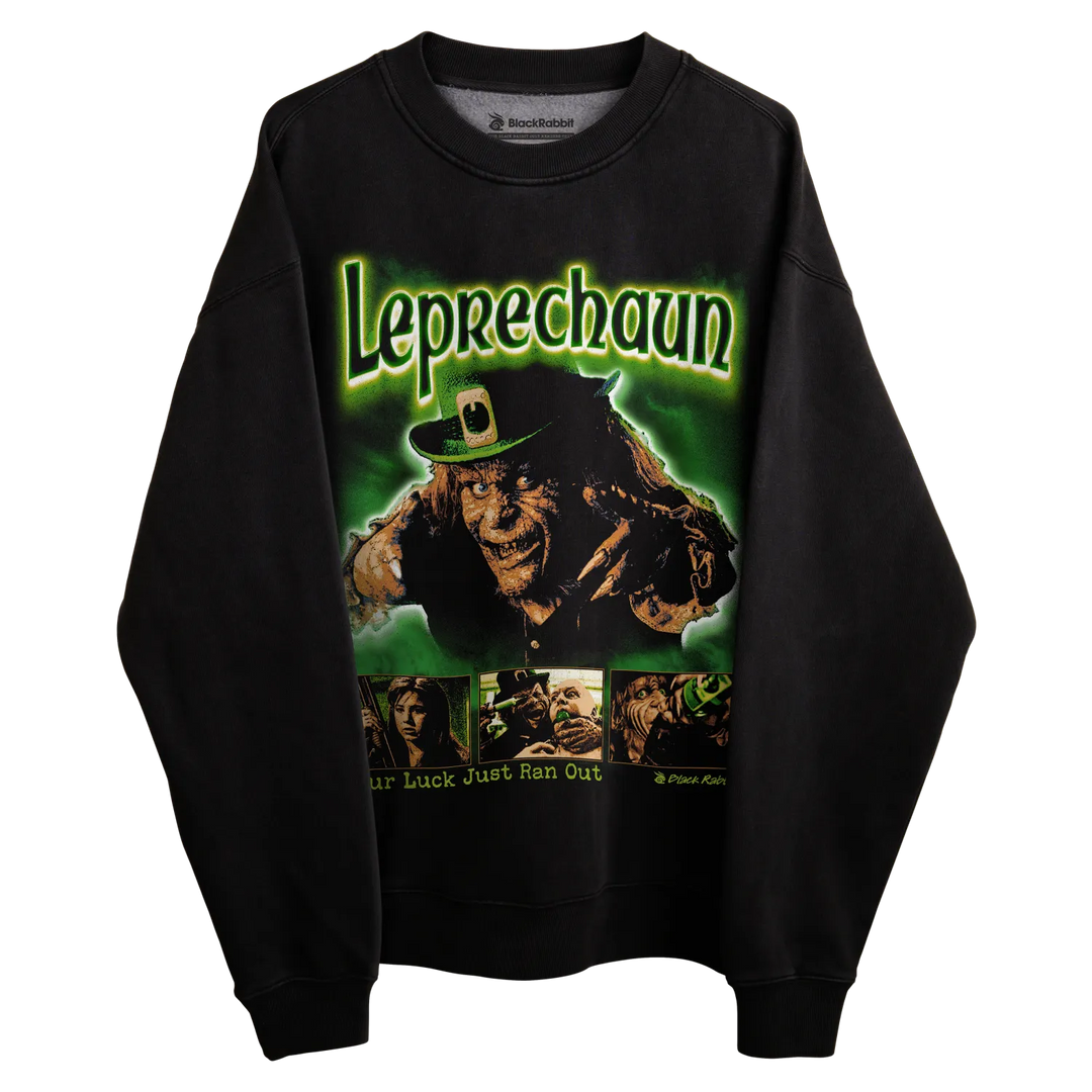 Black leprechaun sweatshirt with green and white graphic design featuring a cartoonish character in a hat. 